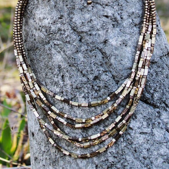 CHICO'S Multi-Strand Hammered Brass Bead Bib Necklace. - Picture 5 of 9